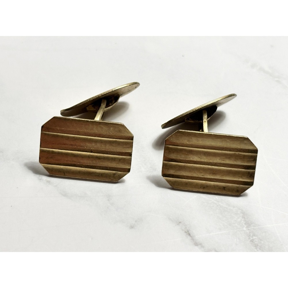 Vintage Art Deco Gold Tone Ribbed Clipped Corner Cufflinks Am.D Makers Mark Mens